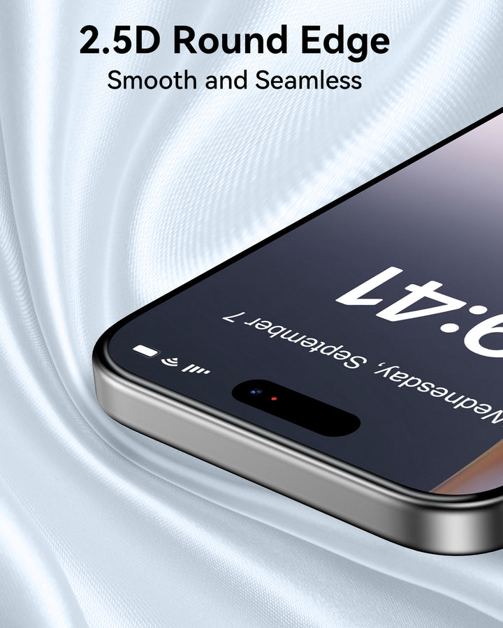 A close-up of Raptic iPhone 17 Screen Protectors (2 pack) with 2.5D rounded edges on a silky silver background. The lock screen is displayed, with the text “2.5D Round Edge - Smooth and Seamless.”.