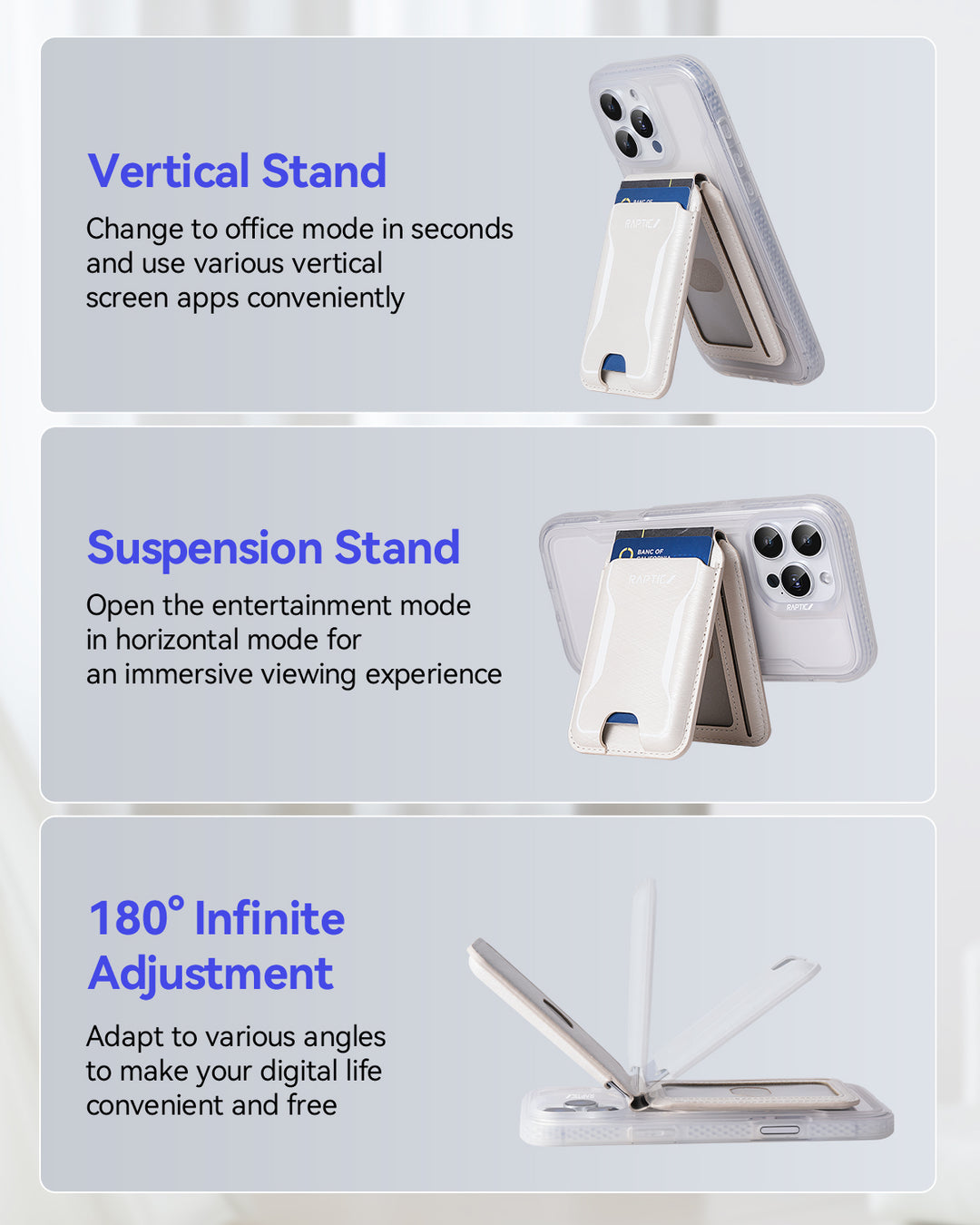 Image displays the Raptic Air Wallet (iPhone 17 Magnetic Wallet) in three modes: upright vertical stand, horizontal suspension stand, and flexible 180° adjustment—each showing a phone with the wallet in that position.