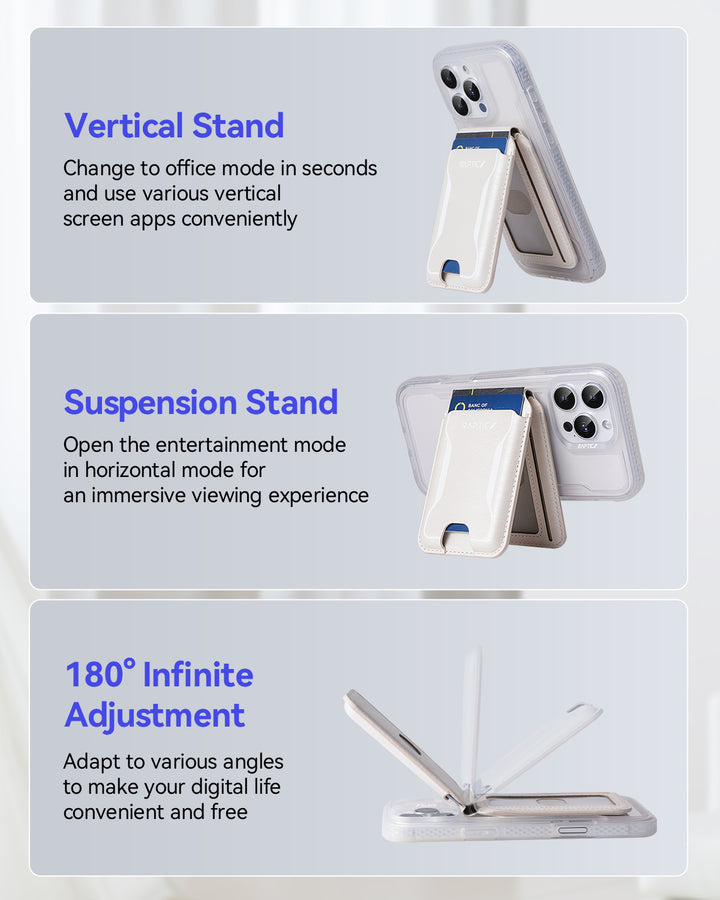 Image displays the Raptic Air Wallet (iPhone 17 Magnetic Wallet) in three modes: upright vertical stand, horizontal suspension stand, and flexible 180° adjustment—each showing a phone with the wallet in that position.