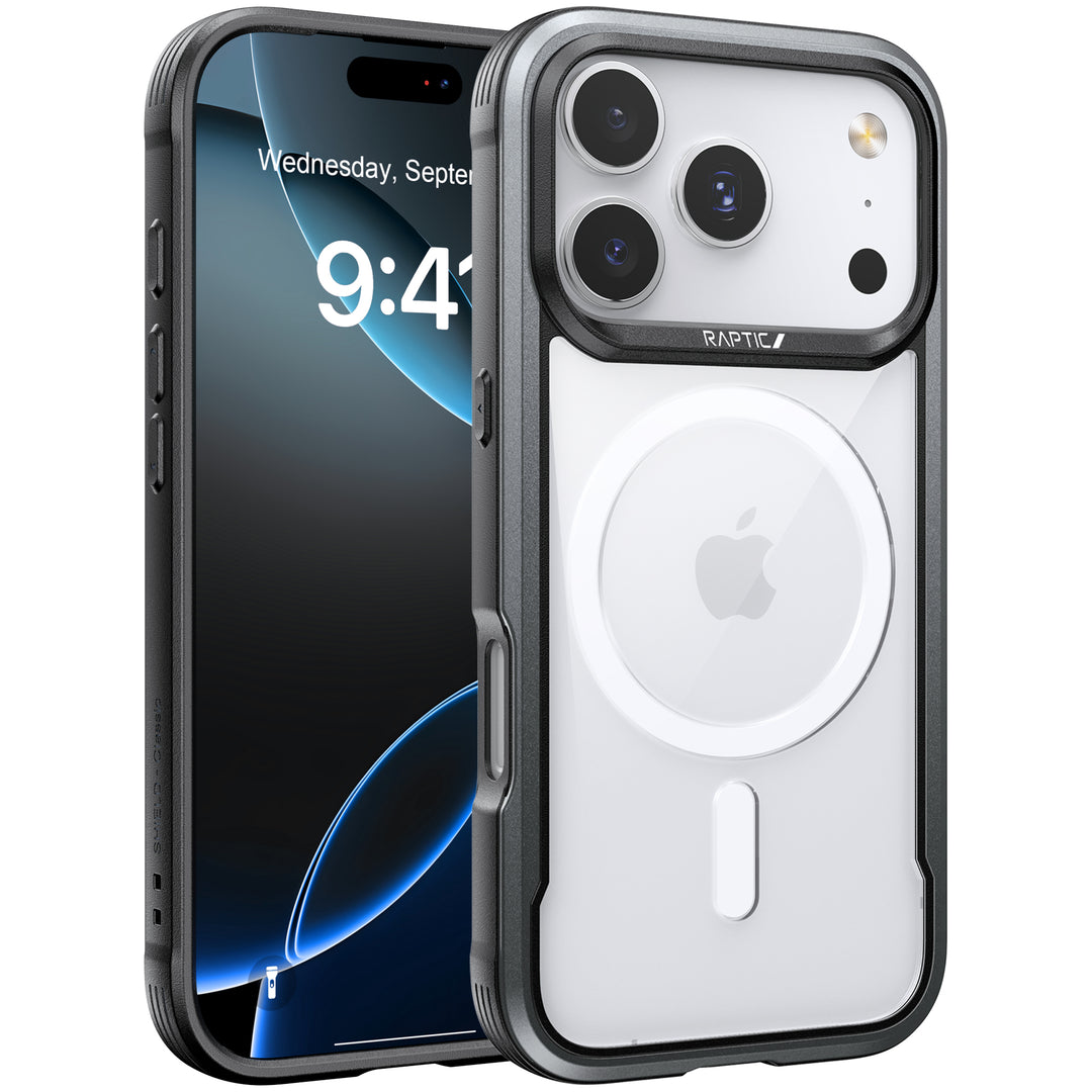 The iPhone 17 Raptic Shield Glass Bundle Pack by Raptic features a rugged black and transparent military-grade MagSafe case with a circular MagSafe ring, triple rear cameras, and flash. Display shows 9:41, Wednesday, September 7.