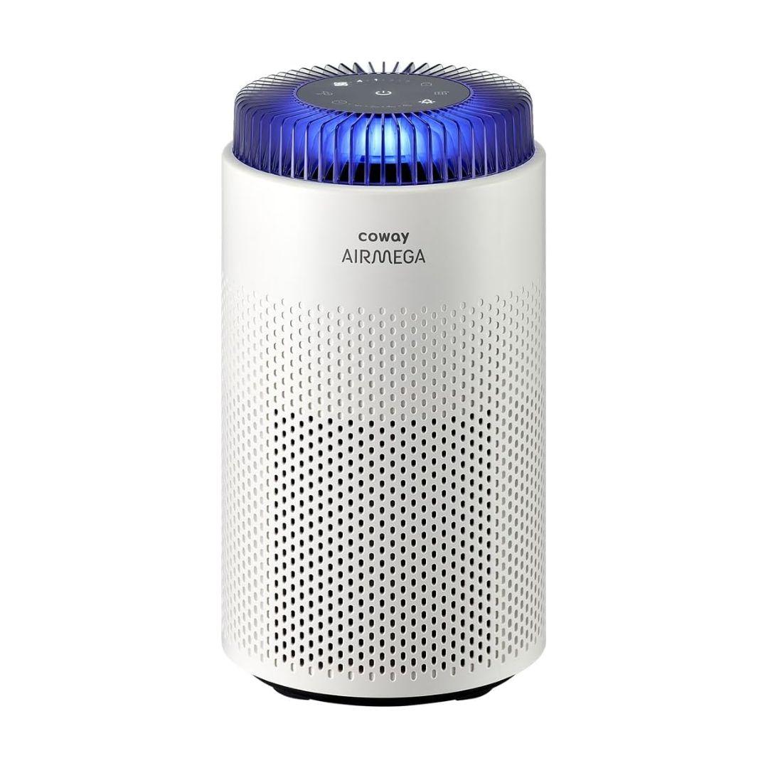 The MobileTechnica Portable Air Purifier - Coway Airmega 50 features a compact, modern design with a perforated surface, blue-lit top vent, central control panel, and quiet operation. The brand and model are prominently displayed on the front.
