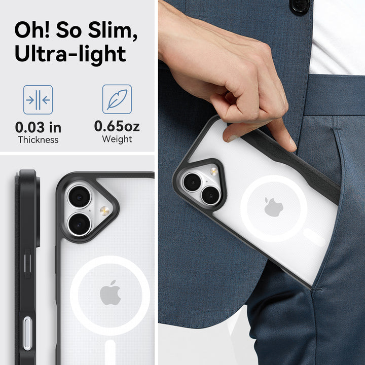 A hand slides an iPhone with the Raptic Air Folio Wallet Case into a blue suit pocket. Icons read: “Oh! So Slim, Ultra-light,” “0.03 in Thickness,” and “0.65 oz Weight.” Close-ups highlight the slim Raptic design.