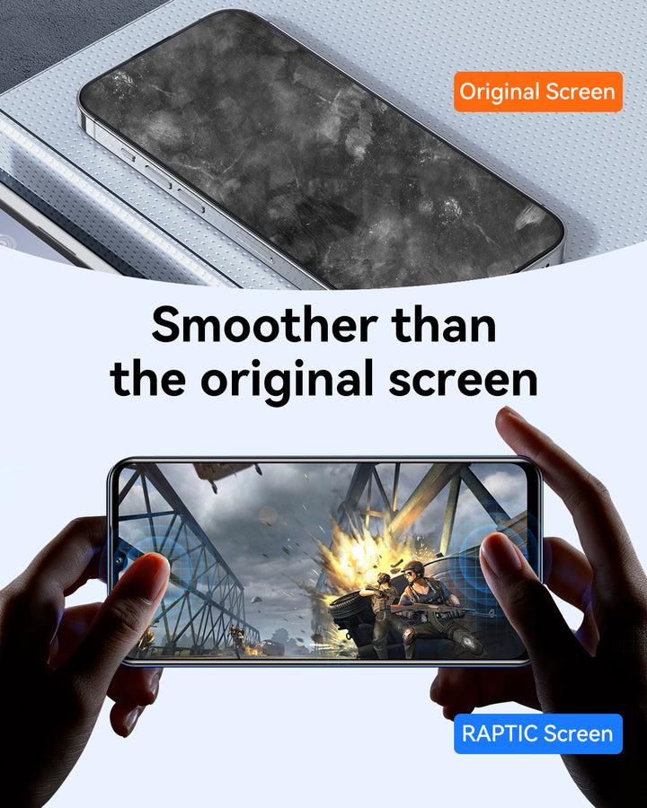 A comparison image shows a dirty phone labeled "Original Screen" above a clean, vivid phone labeled "Raptic Air Glass" with iPhone 17 Screen Protectors by Raptic. Center text: "Smoother than the original screen.