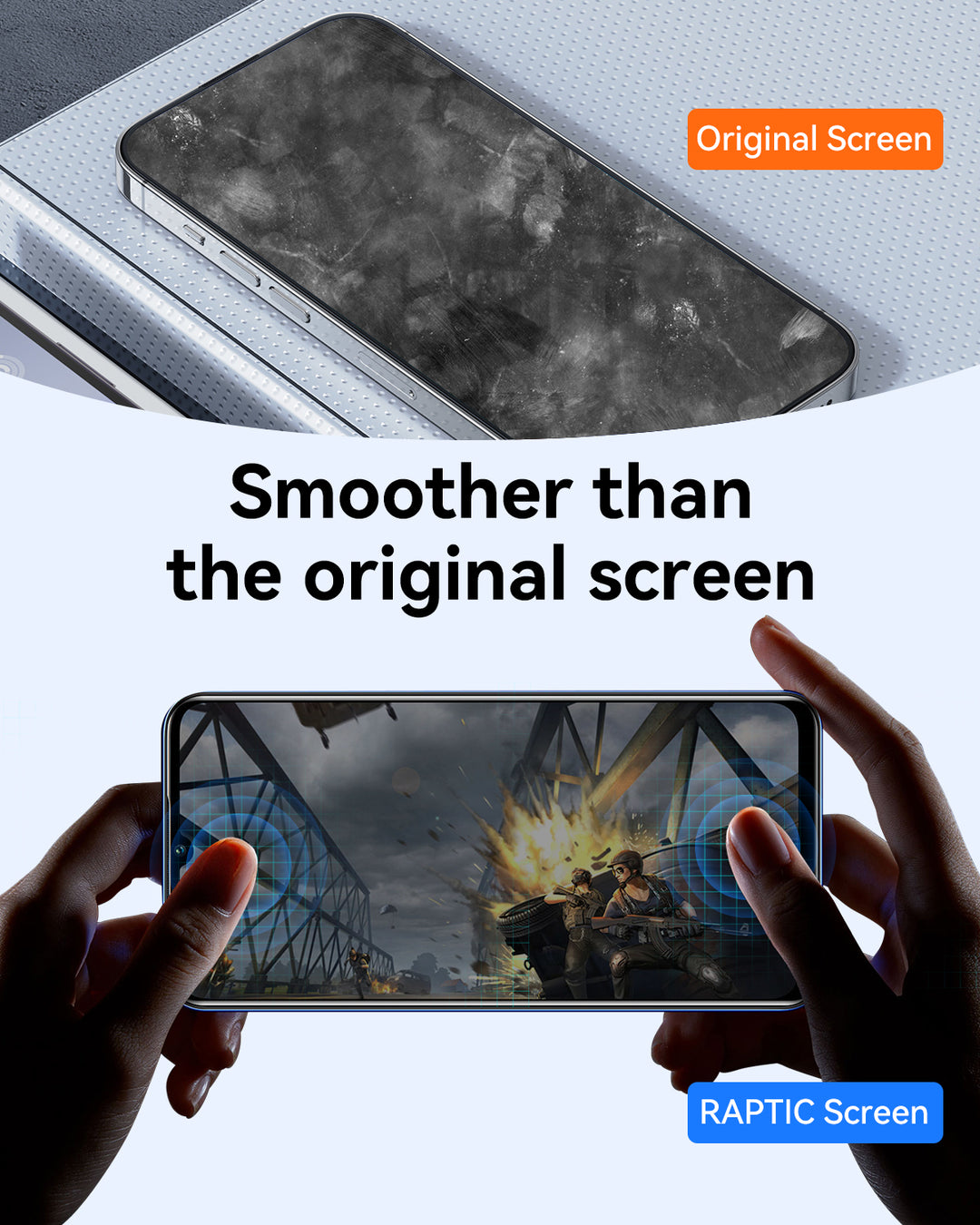 Split image: Top shows a smudged, dirty phone screen labeled "Original Screen." Bottom: clean hands hold a clear phone with a video game, labeled "Raptic iPhone 17 Privacy Glass Protector." Center text: "Smoother than the original screen.