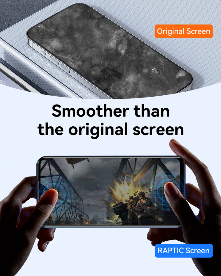 Split image: Top shows a smudged, dirty phone screen labeled "Original Screen." Bottom: clean hands hold a clear phone with a video game, labeled "Raptic iPhone 17 Privacy Glass Protector." Center text: "Smoother than the original screen.