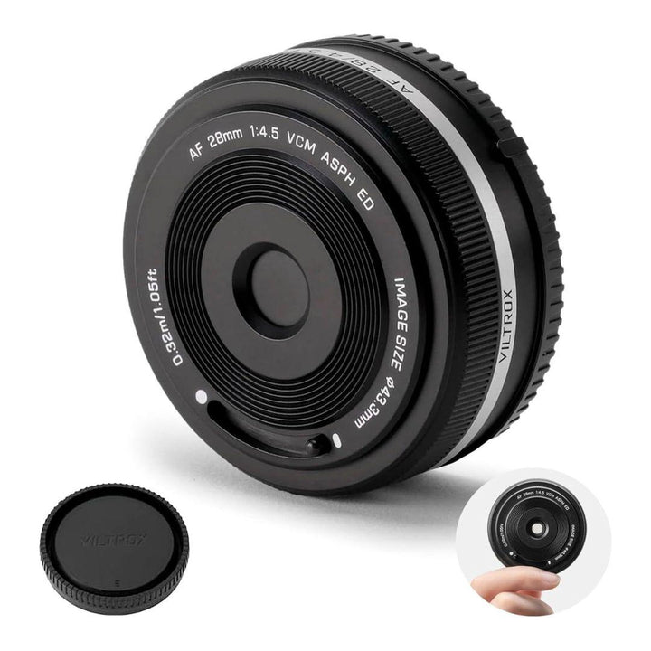 The Viltrox 28mm f/4.5 FE wide-angle lens for Sony full-frame cameras stands upright, with its text and markings visible. Also shown are a detached lens cap and a small inset image displaying the front view of the lens.