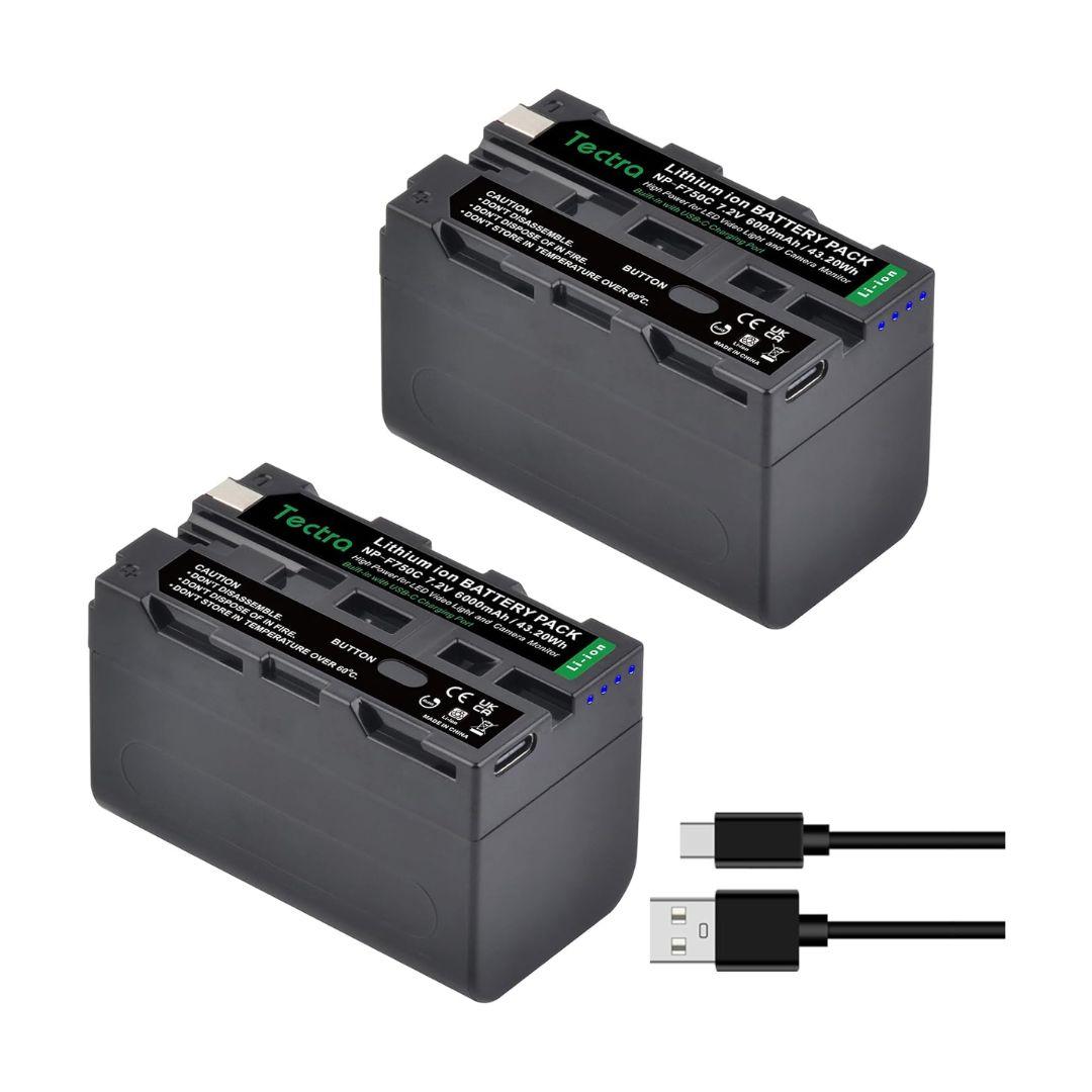 Two rectangular black Tectra 6000mAh batteries for Sony NP-F970/F750/F550 by MobileTechnica, with labels, LED indicators, and ports are shown above two USB-A to micro-USB charging cables, all displayed on a white background.