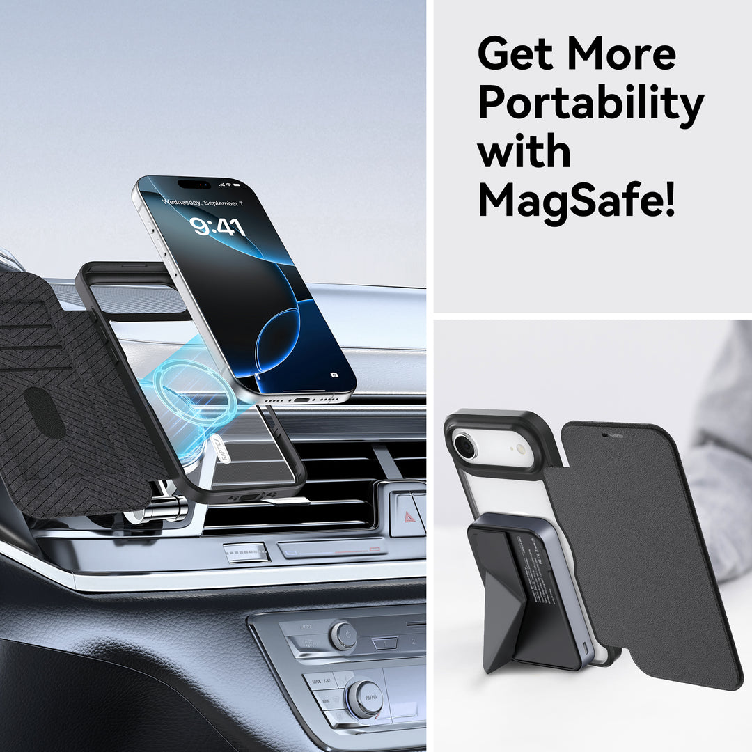 A Raptic car vent MagSafe mount holds a phone above the dash. Next to it, an iPhone 17 in the Raptic Air Folio Wallet Case with foldable stand is propped up. Text: “Get More Portability with MagSafe!” on white.