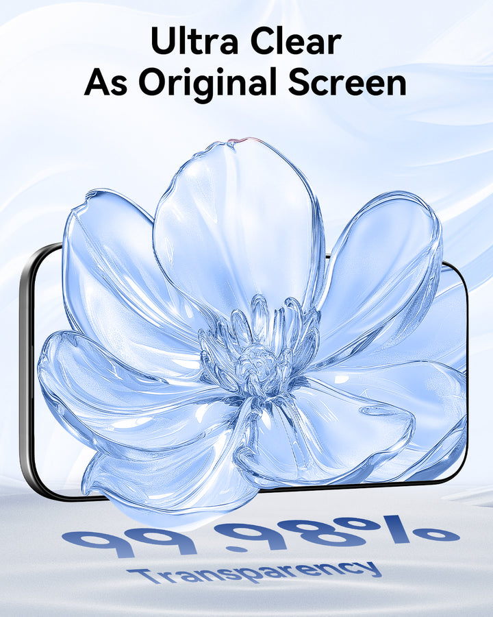 A smartphone with a vivid glass flower on its display highlights the Raptic Air Glass iPhone 17 Screen Protectors (2 pack). Bold text says “Ultra Clear As Original Screen” above, and “99.99% Transparency, Military-Grade” below.
