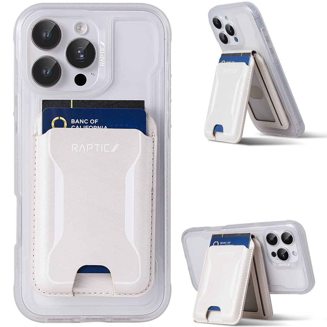 A clear case with a white Raptic iPhone 17 Magnetic Wallet securely holds a blue card. This Raptic Air Wallet features strong magnetic attachment, a stand function, and a convenient card slot—perfect for triple-lens iPhones.