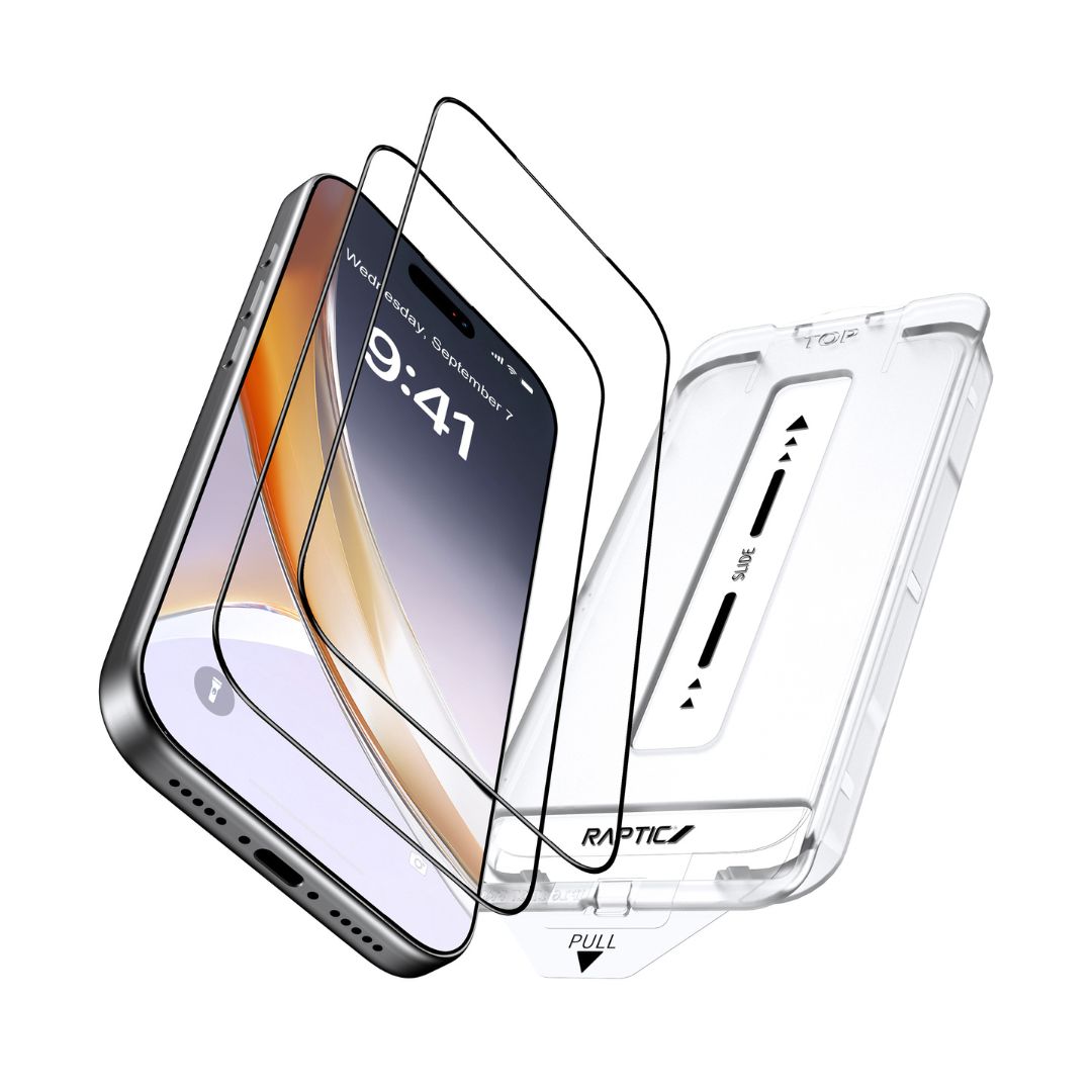 An exploded view displays an iPhone 17 with two Raptic Air Glass screen protectors and a clear military-grade case, each layer floating above. The display reads 9:41, and the case shows arrows and "PULL.