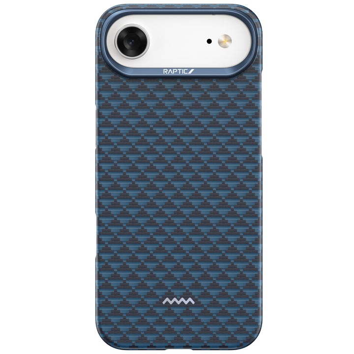 A MagSafe compatible iPhone 17 with a Raptic Skin-Origin Aramid Fibre Case in blue and black checkered diagonal pattern; camera and flash at top left framed in white, "Raptic" below, and a small white mountain logo near the bottom.