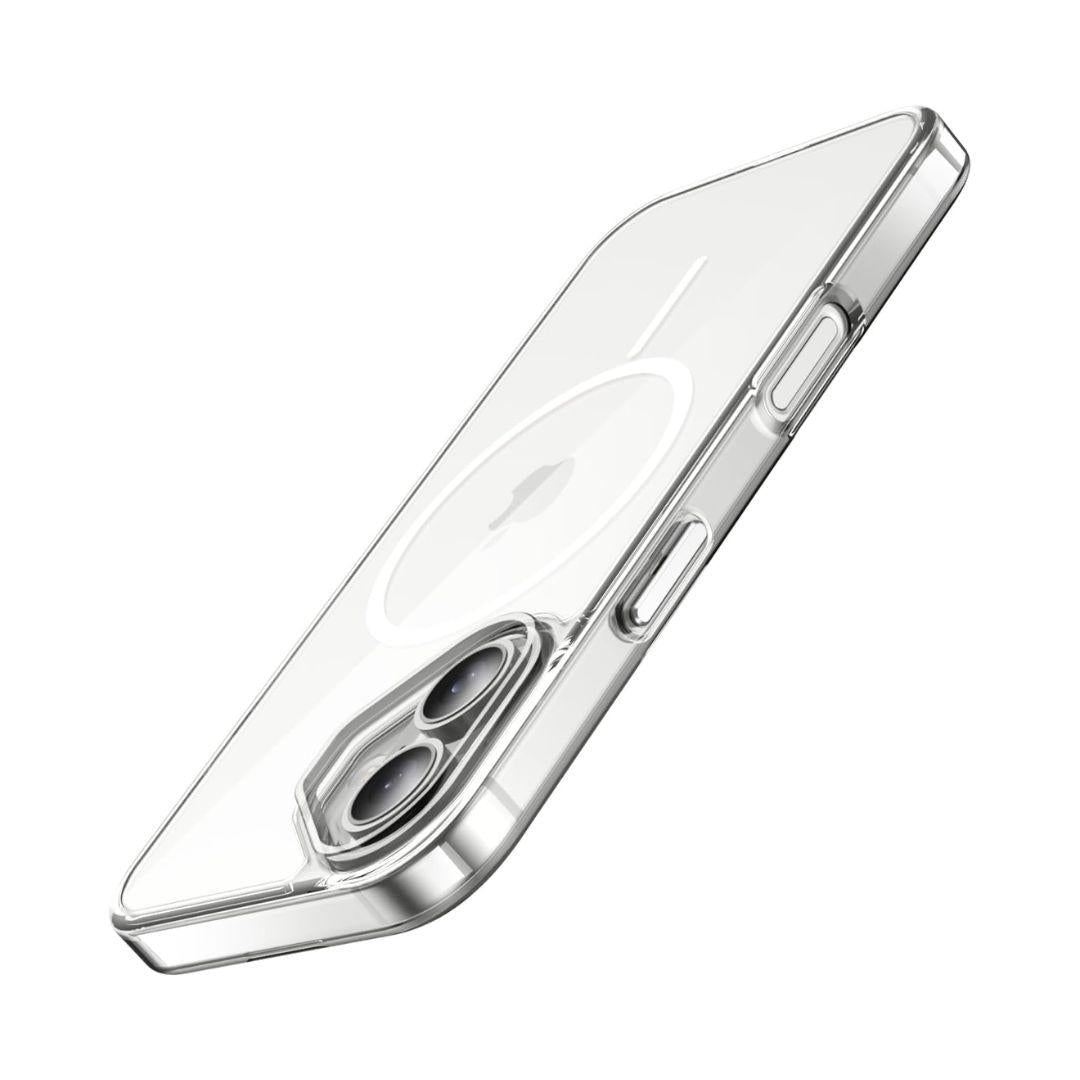 The JETech iPhone 16 Clear Case Ultra thin is displayed on a white background, showcasing dual rear cameras and a MagSafe ring. This transparent case offers drop protection while highlighting the phone’s metallic edges and side buttons for a sleek look.