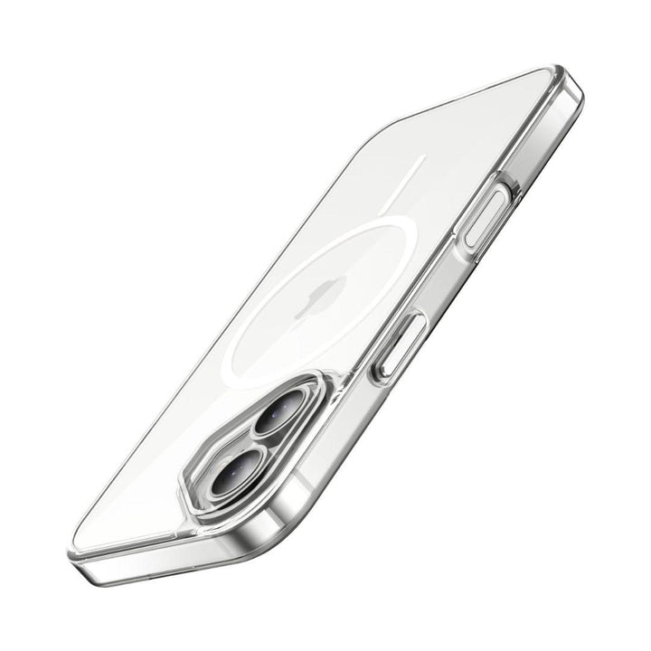 The JETech iPhone 16 Clear Case Ultra thin is displayed on a white background, showcasing dual rear cameras and a MagSafe ring. This transparent case offers drop protection while highlighting the phone’s metallic edges and side buttons for a sleek look.