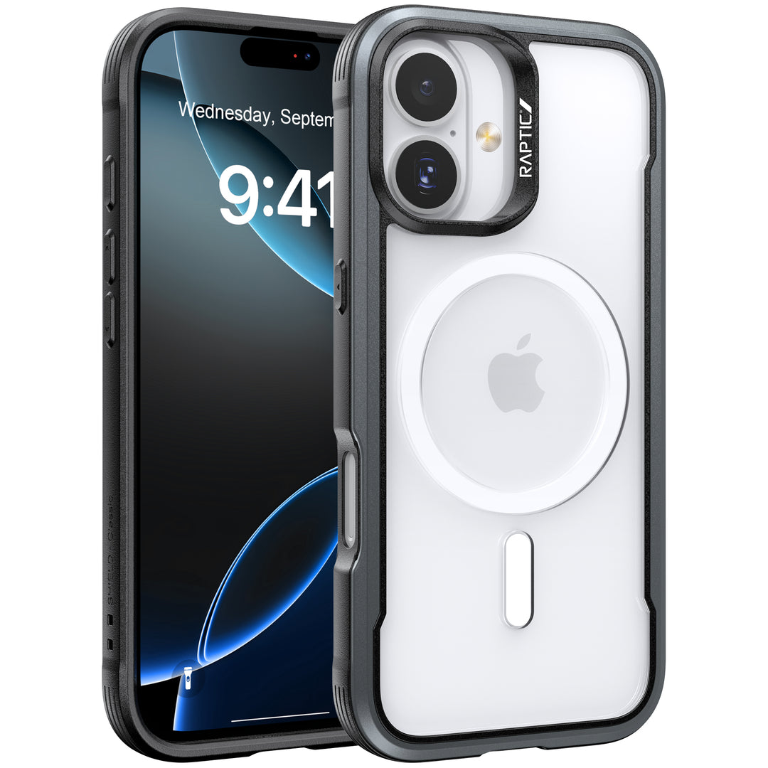 The iPhone 17 Raptic Shield Glass Bundle Pack by Raptic is shown front and back in a black-edged, white shockproof MagSafe case with raised camera protection. The screen reads 9:41, Wednesday, September 7.