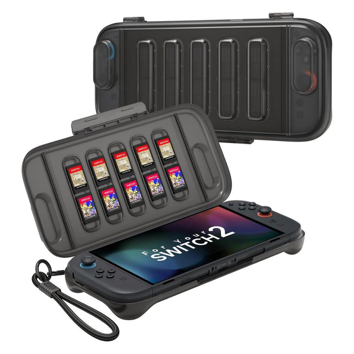 A black Nintendo Switch 2 sits with a wrist strap in front of the Jsaux Slim Carry Case, which holds 10 game cards. An additional slim travel case stands upright in the background.
