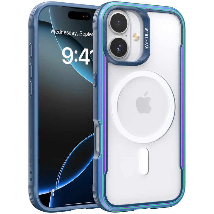 The Raptic Shield Glass Bundle Pack in blue and clear with metallic accents is shown on an iPhone 17. The case features a circular MagSafe design and "Raptic" branding near the camera cutout, with the display showing 9:41 on Wednesday, September 7.