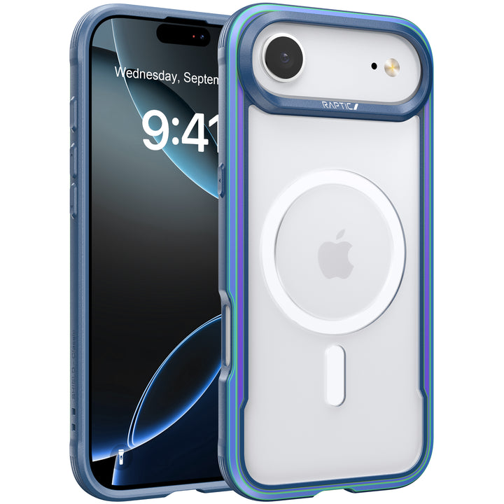A blue-edged Raptic iPhone 17 Raptic Shield Glass Bundle Pack case with a clear back is shown on an iPhone, displaying the Apple logo and MagSafe compatibility. The case frames the camera and buttons; the screen reads 9:41, September 7.