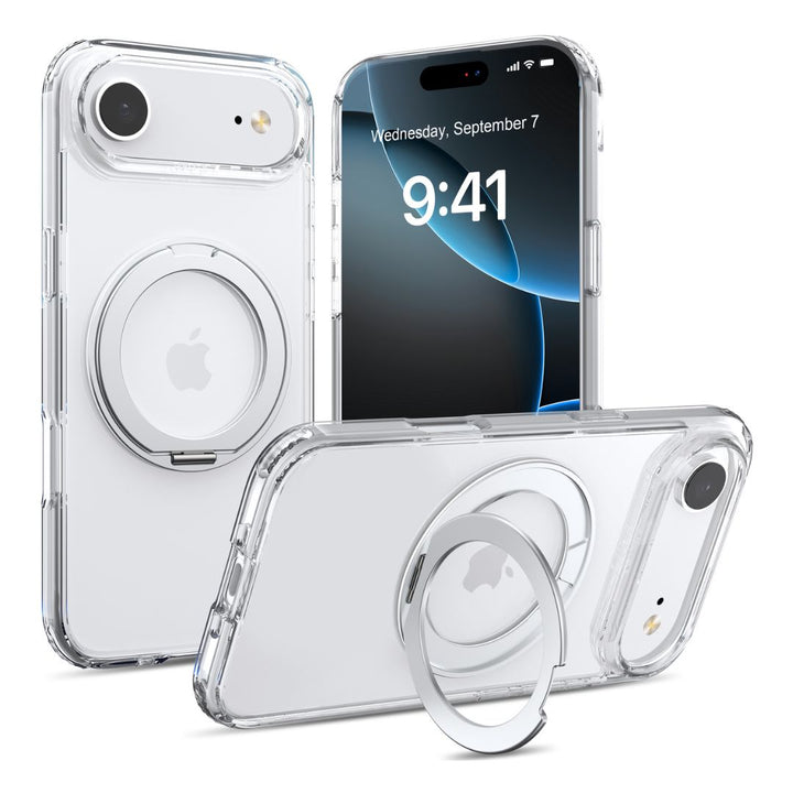 Three iPhones in Raptic Air Stand iPhone 17 Magnetic Kickstand Cases are shown. Each clear, MagSafe-ready case features a circular metal ring on the back that works as a built-in kickstand and grip, with some showing the Apple logo through the case.
