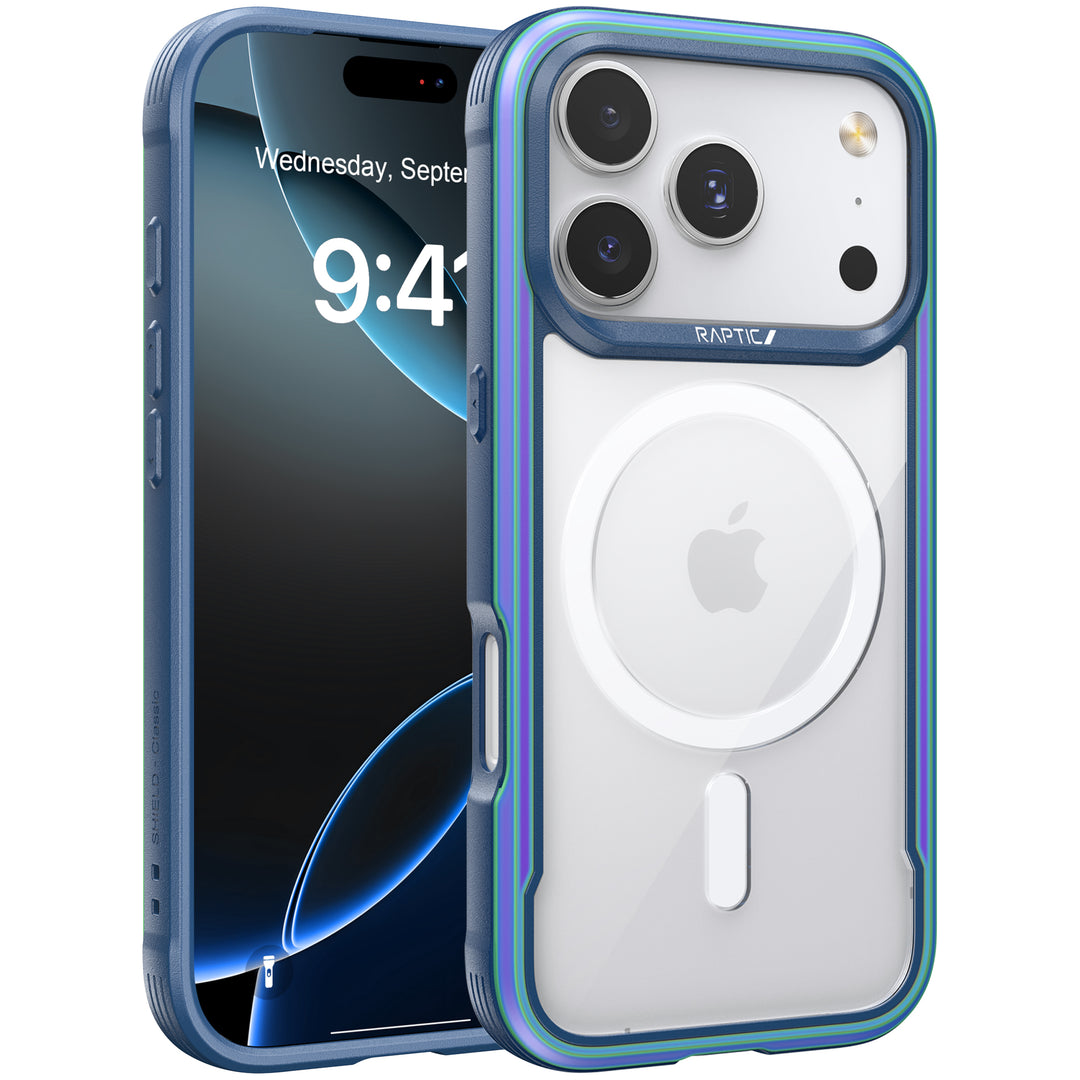 A blue iPhone 17 from Raptic stands front and back, displaying 9:41 on Wednesday, September 7. It's protected by the Raptic Shield Glass Bundle Pack with blue and green edges, revealing the Apple logo, camera lenses, and MagSafe ring.