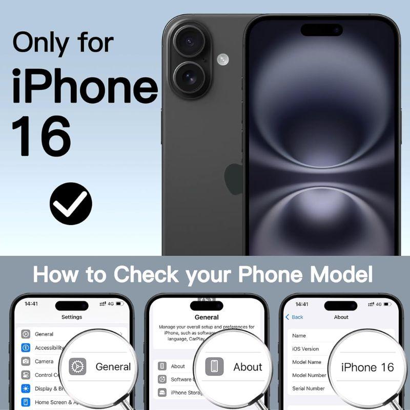 Graphic featuring the JETech iPhone 16 case - Full Body Coverage by MobileTechnica with “Only for iPhone 16.” Three screens show: open Settings > General > About to see your model name. MagSafe compatible.