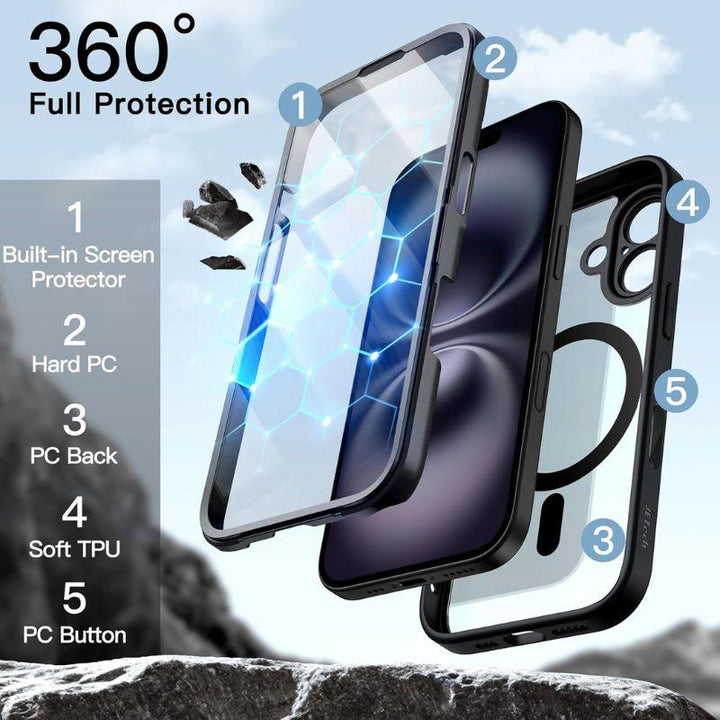 The MobileTechnica JETech iPhone 16 case - Full Body Coverage is shown in three parts: a screen protector with blue hexagon design, hard plastic front frame, and back cover with camera control cutout, all labeled for 360° protection.