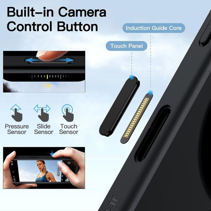 Diagram of the MobileTechnica JETech iPhone 16 case – Full Body Coverage – featuring a camera control button with pressure, slide, and touch sensors, plus insets showcasing MagSafe compatibility and advanced touch panel technology.