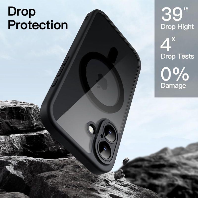 The MobileTechnica JETech iPhone 16 case - Full Body Coverage, MagSafe compatible, drops onto rocky terrain. Text: "Drop Protection, 39'' Drop Height, 4x Drop Tests, 0% Damage." The cloudy sky highlights its impressive durability.