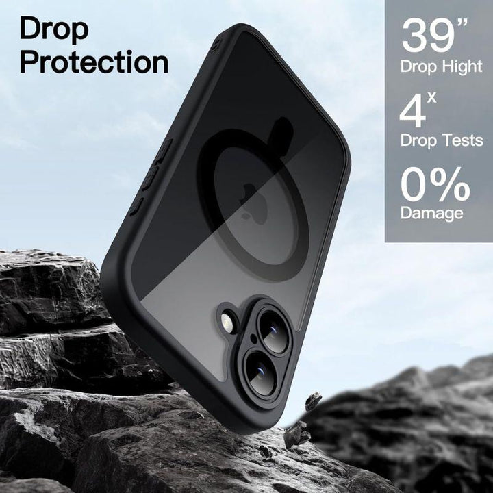 The MobileTechnica JETech iPhone 16 case - Full Body Coverage, MagSafe compatible, drops onto rocky terrain. Text: "Drop Protection, 39'' Drop Height, 4x Drop Tests, 0% Damage." The cloudy sky highlights its impressive durability.