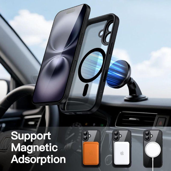 A JETech iPhone 16 case by MobileTechnica in black attaches magnetically to a round car mount on a dashboard, demonstrating MagSafe compatibility. Below are black, brown, and transparent cases. Text: "Support Magnetic Adsorption.