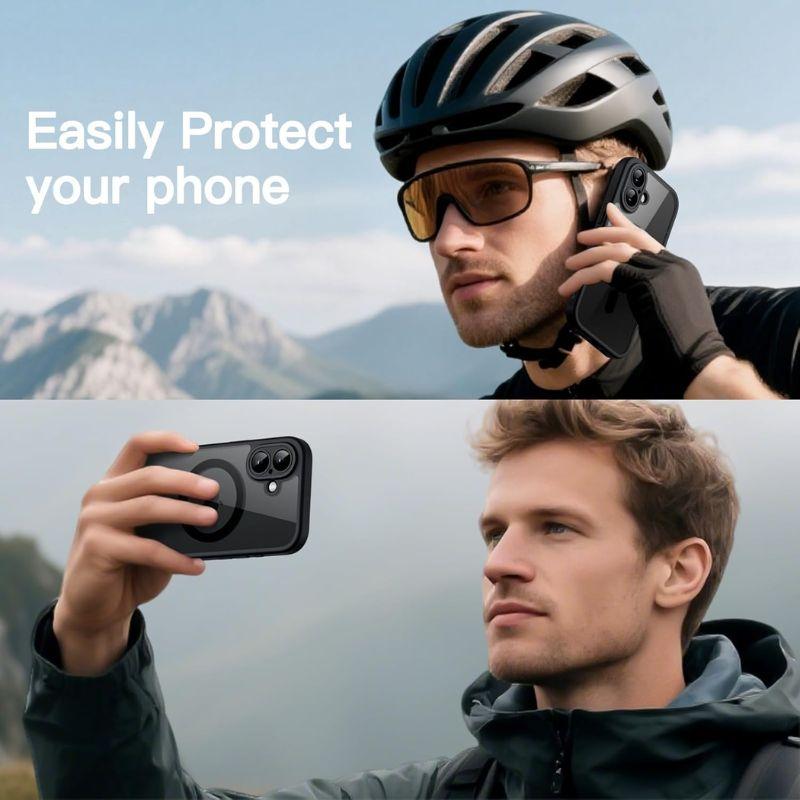 A cyclist in mountain scenery uses the MobileTechnica JETech iPhone 16 case—Full Body Coverage. In a second photo, he takes a selfie with the same phone and case. The text reads: “Easily Protect your phone.”.
