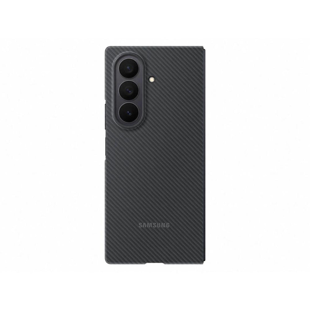 The Samsung Galaxy Fold 7 Carbon Shield Case is shown in black with a carbon fiber-style finish, offering ultra-slim protection. The case highlights three rear cameras and a flash, with the Samsung logo subtly near the bottom.