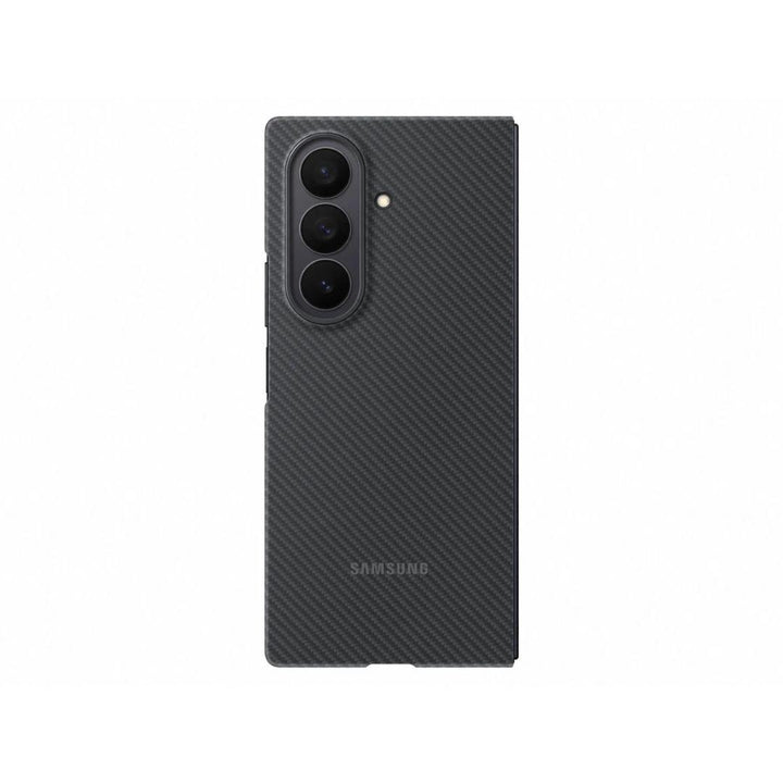 The Samsung Galaxy Fold 7 Carbon Shield Case is shown in black with a carbon fiber-style finish, offering ultra-slim protection. The case highlights three rear cameras and a flash, with the Samsung logo subtly near the bottom.