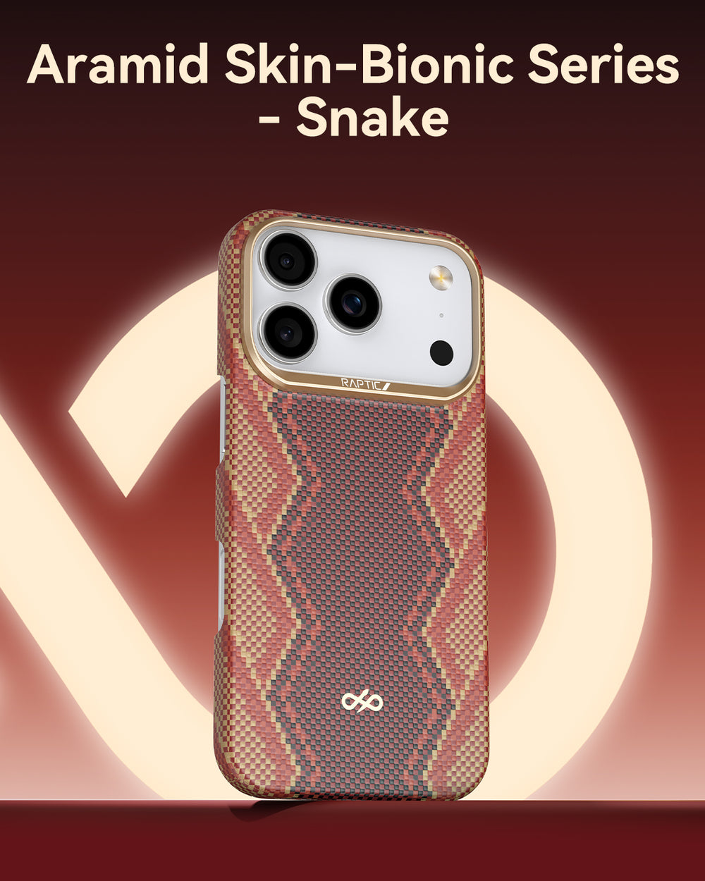 A smartphone with a dual-lens camera is shown in the Raptic iPhone 17 Aramid Fibre Case – Skin-Origin, featuring ultra-slim aramid fibre protection in a brown, beige, and red zigzag pattern with a large infinity symbol background.