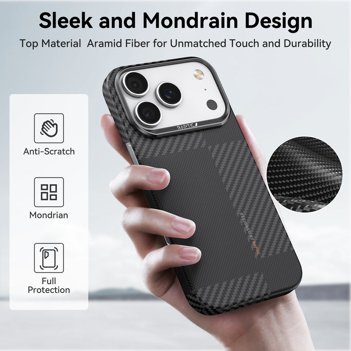 A hand holds an iPhone 17 with the Raptic Geotik Aramid Fibre Case, featuring a sleek Mondrian design, MagSafe compatibility, top aramid fiber material, anti-scratch finish, and military grade protection.