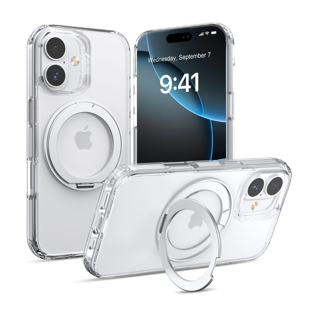 Three Raptic Air Stand iPhone 17 Magnetic Kickstand Cases with attached silver rings are shown on two phones, displaying the lock screen, built-in kickstand feature, and Apple logo through the clear MagSafe-ready back.