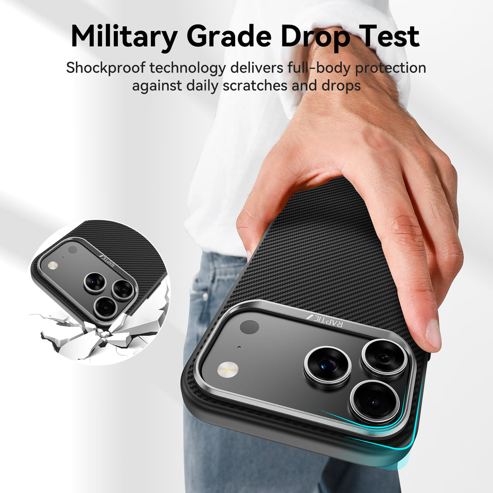 A hand holds the Raptic Aramid 600D iPhone 17 Case, crafted from black textured aramid fibre and MagSafe compatible. “Military Grade Drop Test” text highlights its shockproof, full-body protection. Inset shows impact as the case hits the ground.
