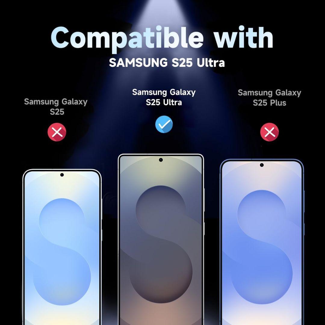 Three Samsung phones are shown side by side. Only the center one, labeled Samsung Galaxy S25 Ultra, has a check mark—highlighting its compatibility with the MobileTechnica Magic John tempered glass screen protector (2-pack).