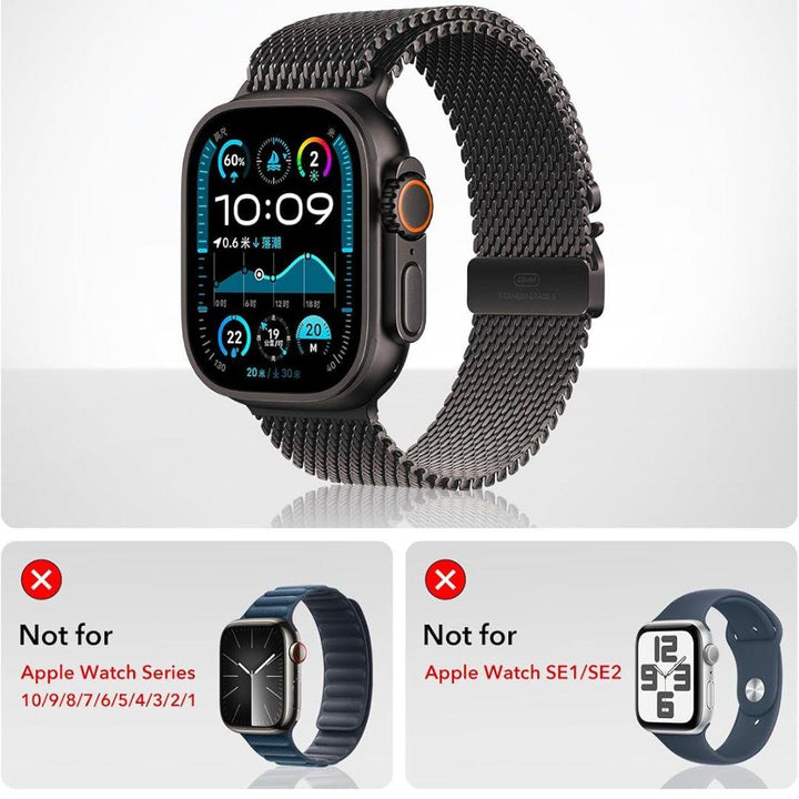 A black metal mesh Apple Watch band with an Apple Watch Ultra appears above two boxes marked with red Xs. For edge-to-edge protection, pair it with the ESR Amorite Screen Protector for Apple Watch Ultra 2/1 (not compatible with other models).