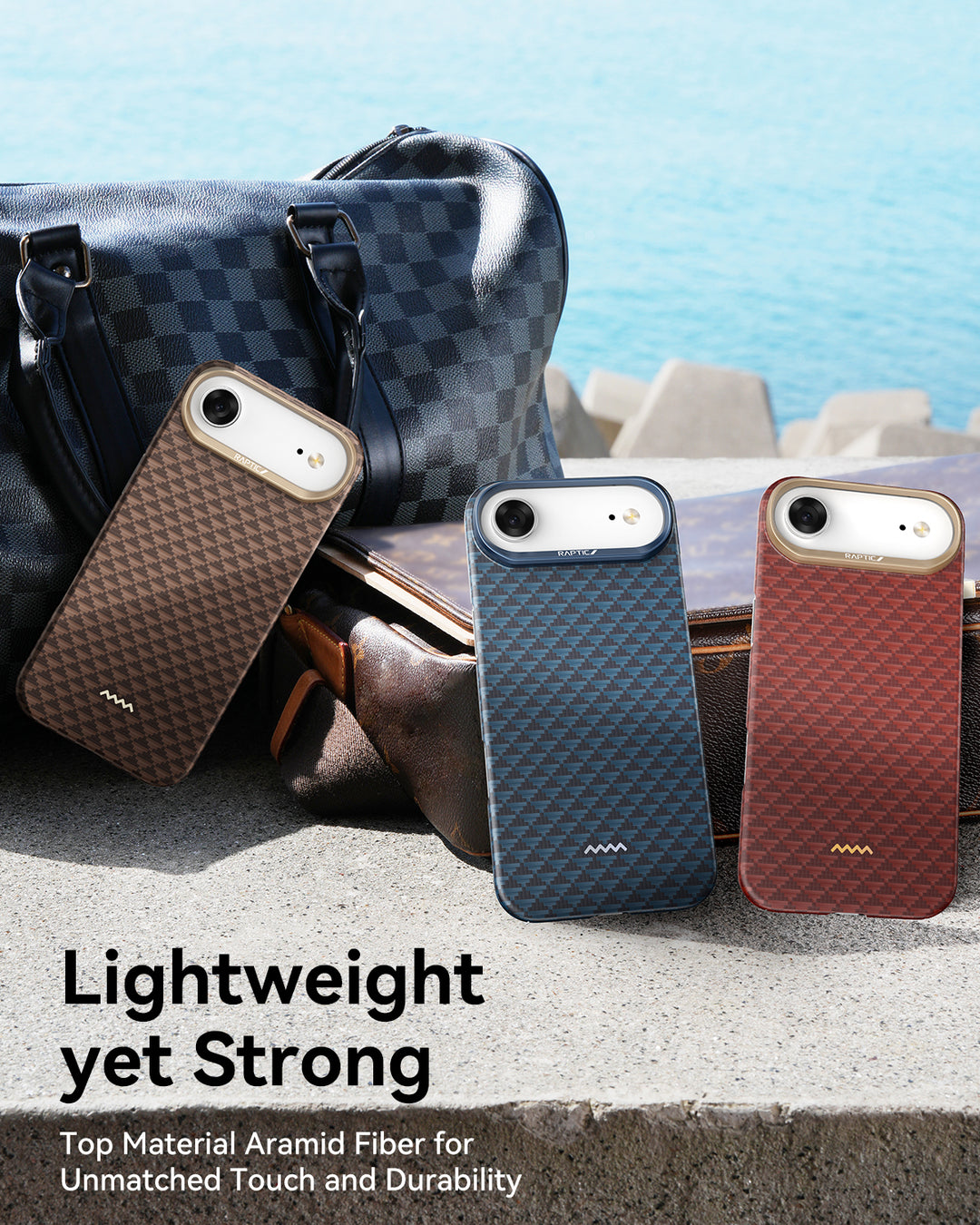 Three iPhone 17s in brown, blue, and red Raptic Skin-Origin aramid fibre cases stand upright outdoors. Behind them is a patterned black leather duffel. Text: “Ultra-light military-grade aramid fiber for unmatched touch, durability & MagSafe.”.