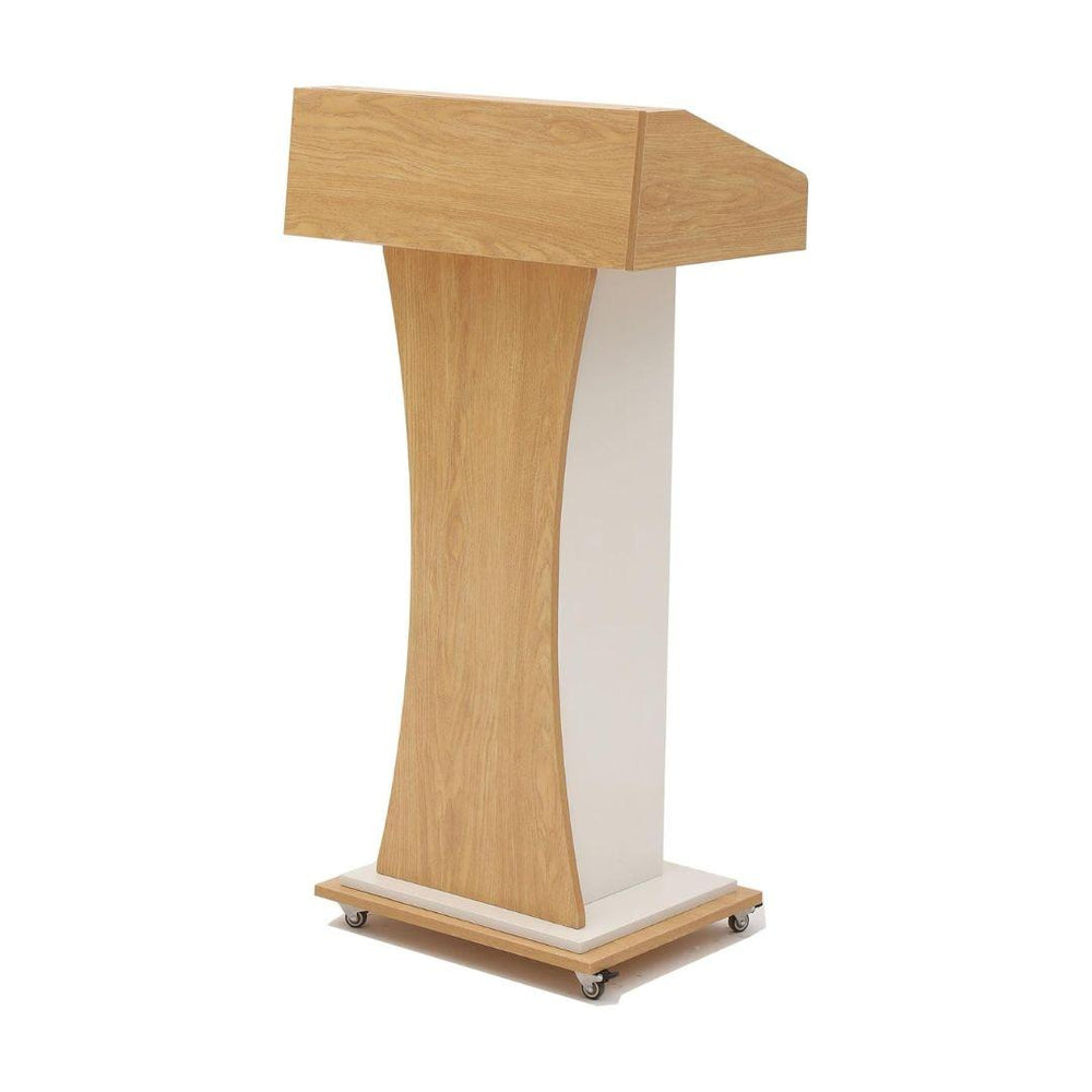 The MobileTechnica Podium Lecturn Rolling Stand features storage shelves and a reading surface. With four caster wheels, this modern, minimal stand is perfect for lectures, speeches, or presentations in any setting.