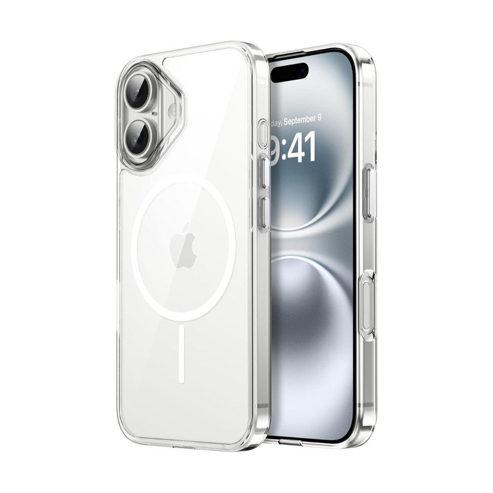The JETech iPhone 16 Clear Case Ultra thin, shown on a modern iPhone, displays the phone’s rear design, dual cameras, and Apple logo with a visible white MagSafe ring. The screen shows 09:41 on Saturday, September 9.