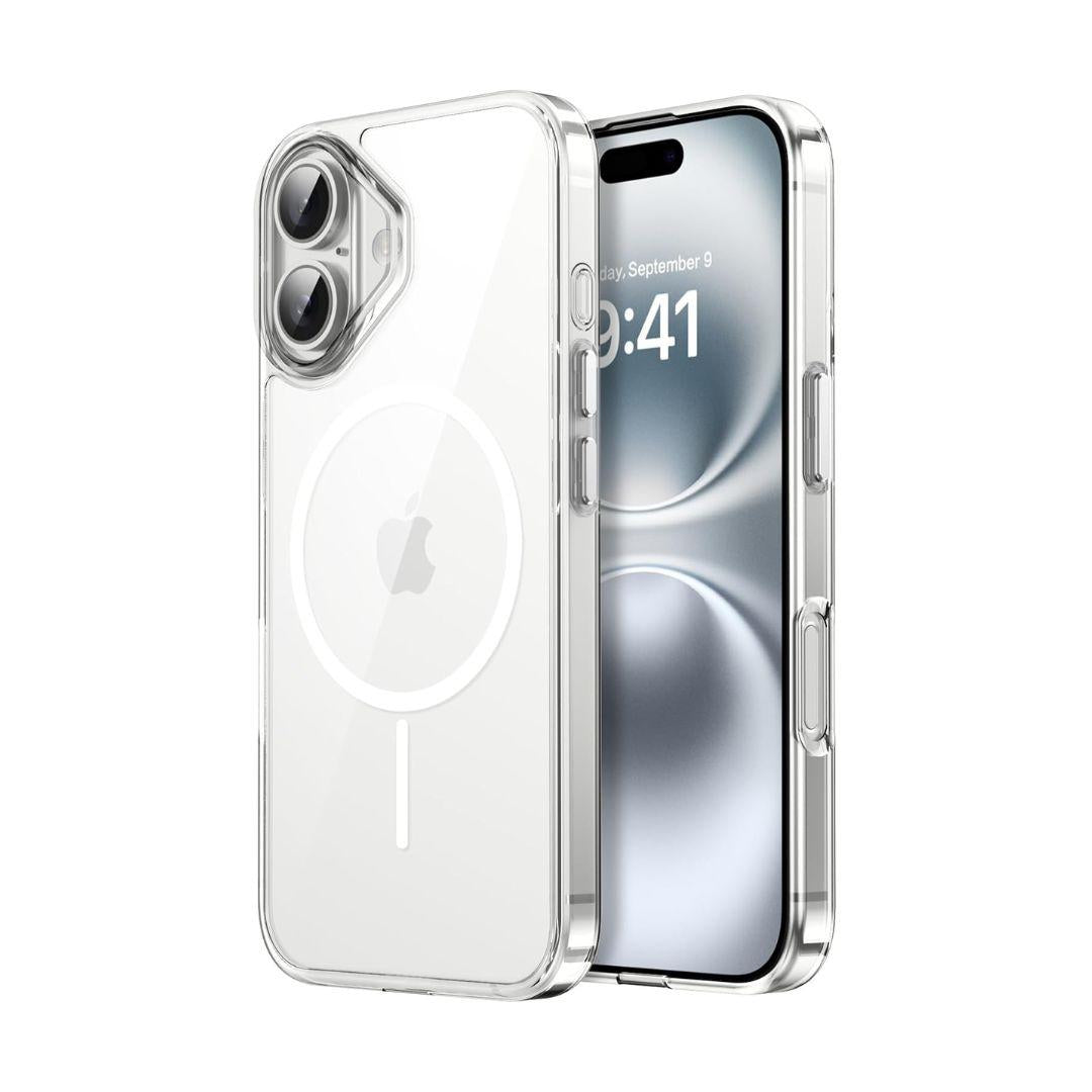 The JETech iPhone 16 Clear Case Ultra thin, shown on a modern iPhone, displays the phone’s rear design, dual cameras, and Apple logo with a visible white MagSafe ring. The screen shows 09:41 on Saturday, September 9.