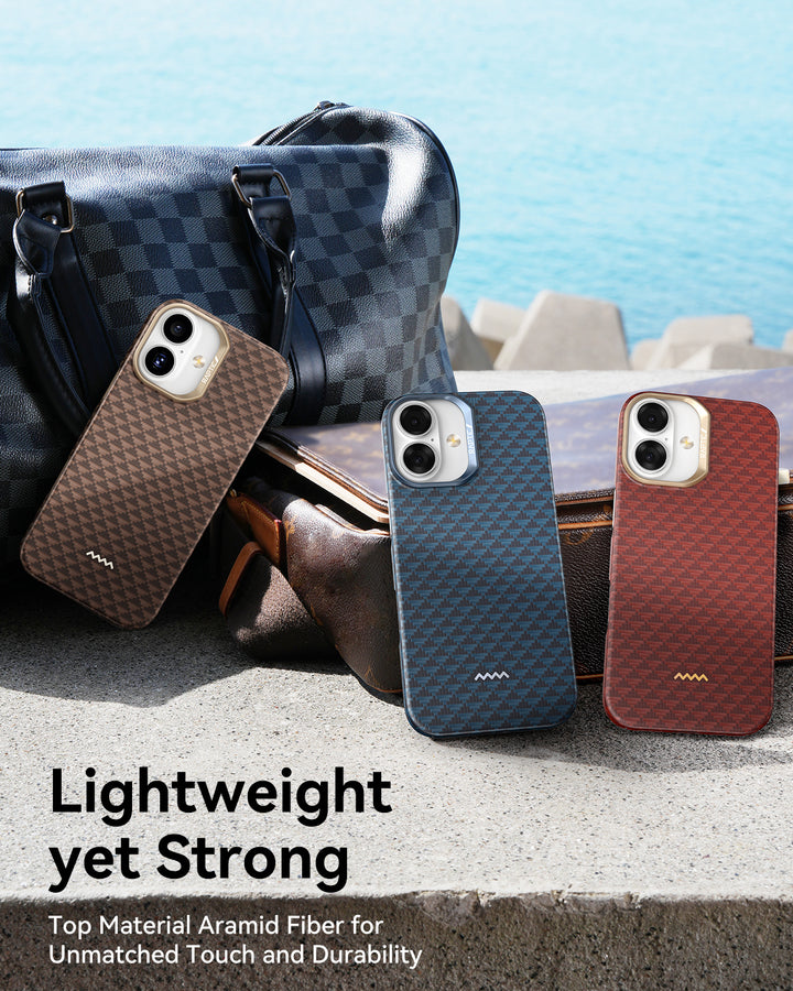 Three iPhones in brown, blue, and red Raptic Skin-Origin cases are displayed outdoors by water. Text: “Ultra-slim protection. MagSafe compatible. Raptic iPhone 17 Aramid Fibre Case—top aramid fiber for unmatched durability.”.