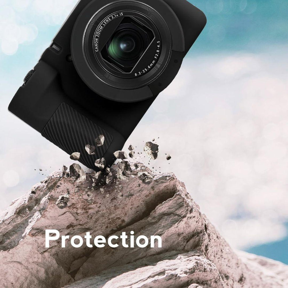 A Canon PowerShot V1 in a MobileTechnica case crashes onto rocks, shards flying. "Protection" in bold white text highlights the power of the silicone case and LCD screen protector against impact on a textured backdrop with a blue gradient above.