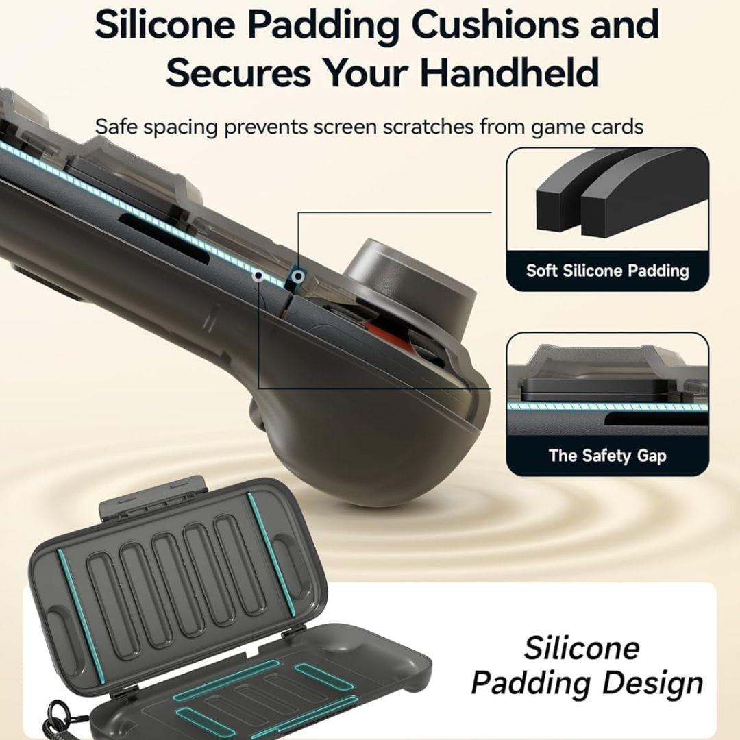 A close-up of the Jsaux Nintendo Switch 2 Slim Carry Case shows black silicone padding and a safety gap protecting your screen. Insets highlight soft material and 10 game card slots. Text: "Silicone Padding Cushions and Secures Your Handheld.