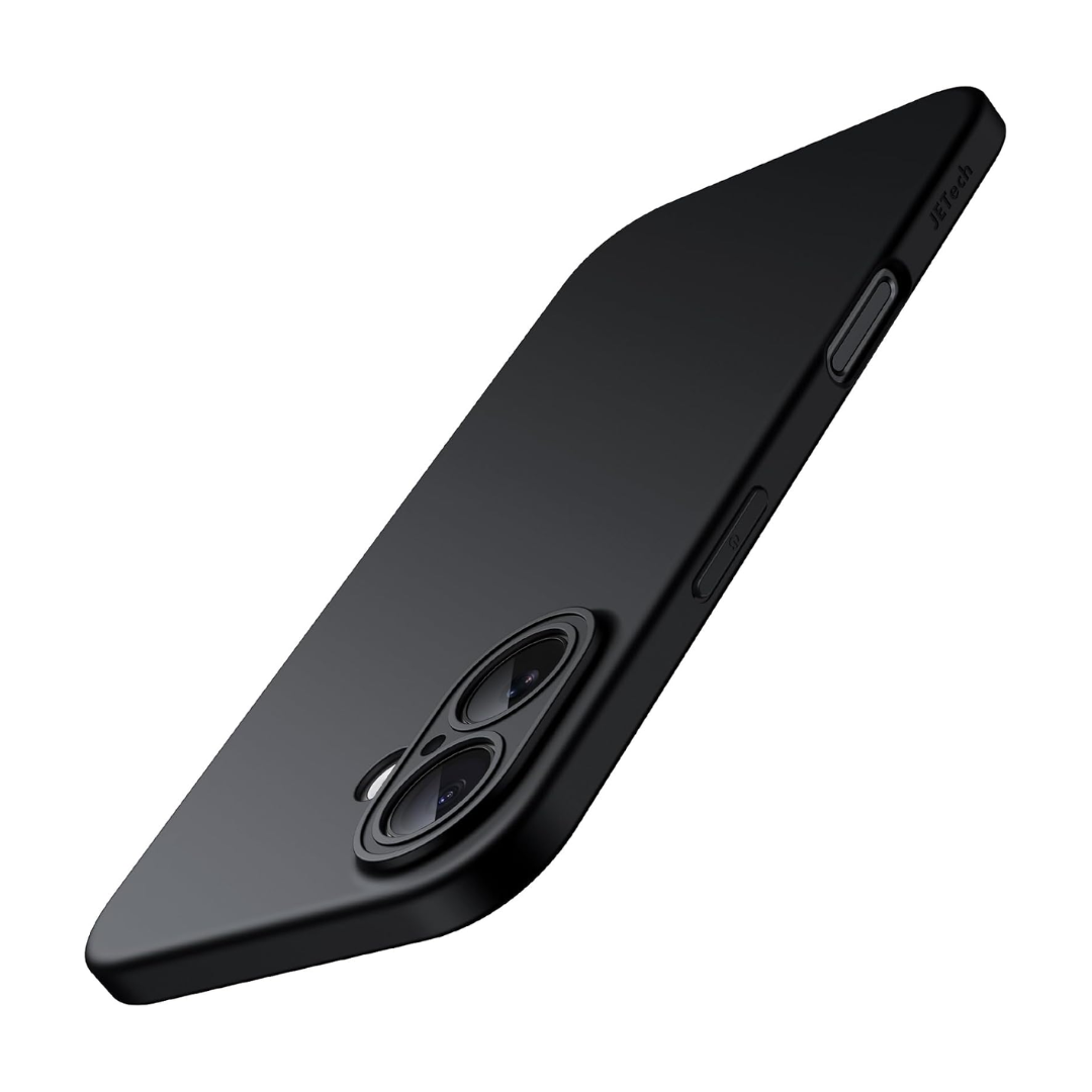 A JETech Slim iPhone 16 case in black is shown angled to reveal its matte finish, sleek style, and precise cutouts for dual cameras and side buttons, ensuring MagSafe compatibility and dependable protection.