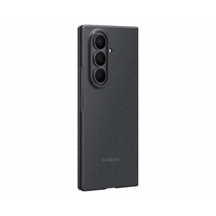 A Samsung Galaxy Fold 7 is shown upright with the Carbon Shield Case in black, featuring a carbon fiber texture, vertical triple camera array, SAMSUNG logo near the bottom, and slim side buttons for ultra-slim protection.