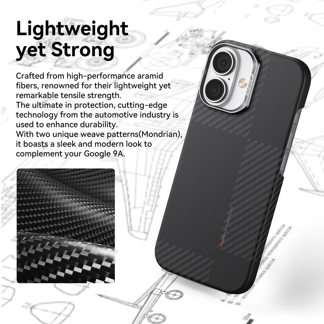 A Raptic Geotik iPhone 17 case in black is displayed at an angle, showcasing its lightweight, durable aramid fiber build, modern wave design, and signature carbon texture—detailed in a close-up of the unique weave.