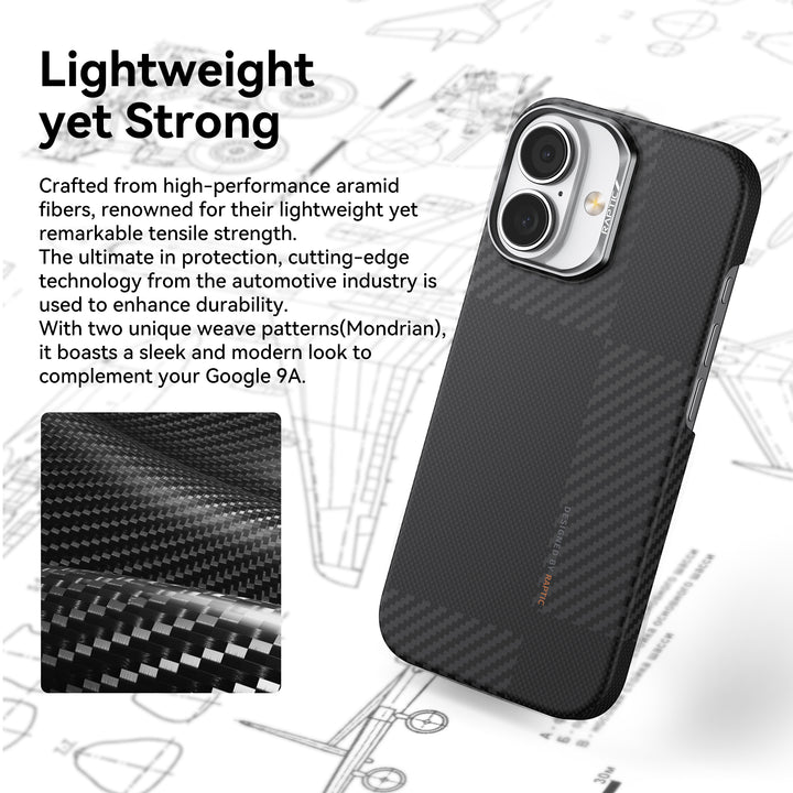 A Raptic Geotik iPhone 17 case in black is displayed at an angle, showcasing its lightweight, durable aramid fiber build, modern wave design, and signature carbon texture—detailed in a close-up of the unique weave.